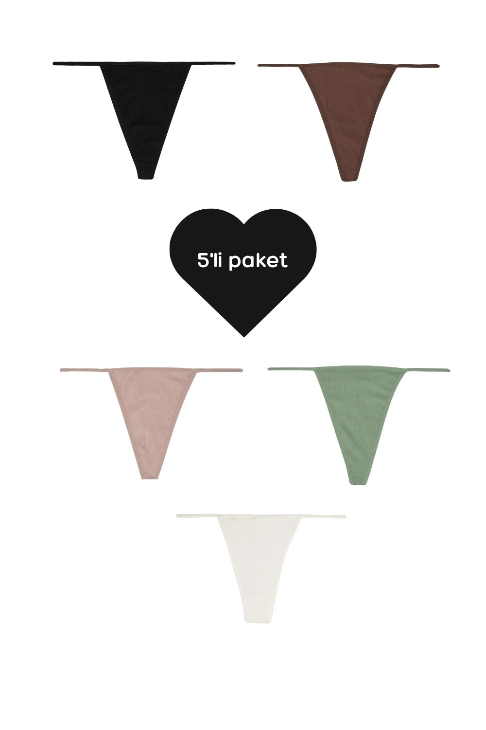 G-string - 5'li Paket - Siyah, Kahverengi, Yeşil, Pudra, Beyaz